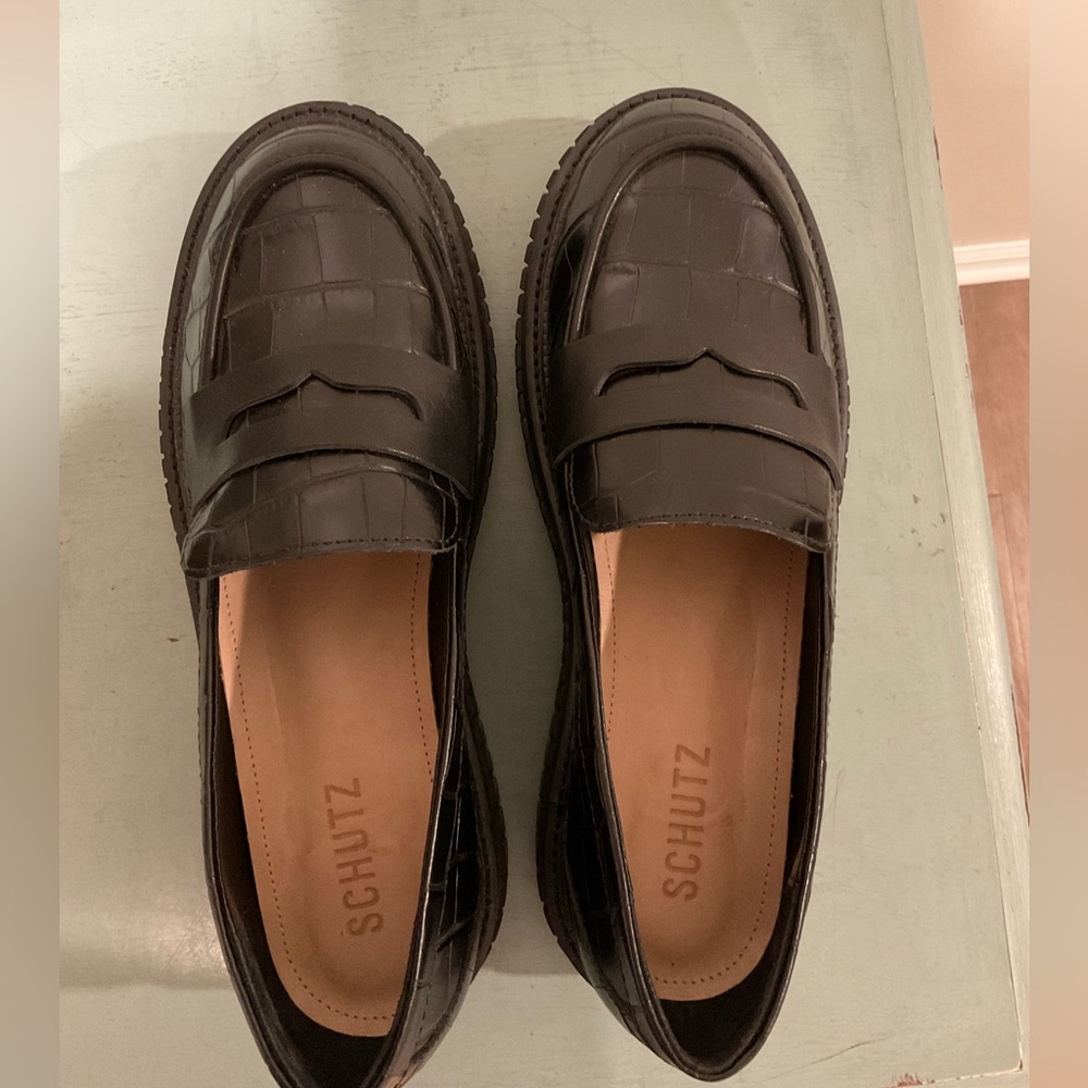 SCHUTZ Black Croc Embossed Leather Loafers Size 9 - Picture 4 of 7